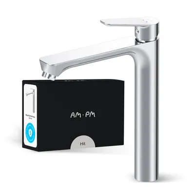 A chrome faucet and its black packaging are displayed against a white background.