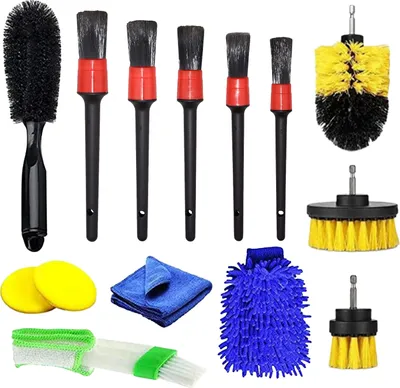 Produktbild von 14PCS Auto Detailing Brush Kit Set 5 Detailbuerste 3 Bohrbuersten 2 Autowaschschwamm Entlueftungsbuerste Mikrofaser-Handschuh fuer die Autoinnen-Aussenreinigung