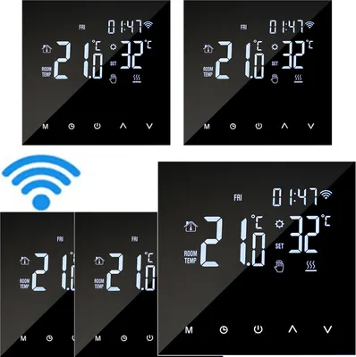 A collage of digital thermostat displays, some with a WiFi symbol.