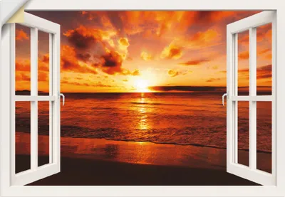 Produktbild von ARTland Wandbild, selbstklebend Fensterblick Sonnenuntergang am Strand Größe: 130x90 cm