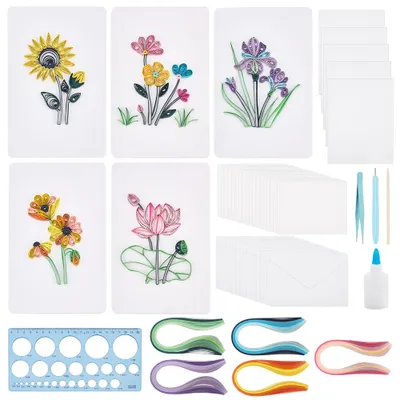 Papier Quilling Set, 20 Karten, 5 Blumenmotive, 500 Streifen, Anleitung