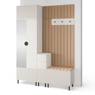 Produktbild von Garderoben-Set Ritmo version 8 – gefräste Kleiderschrank mit Polsterplatten, Schuhschrank, für Flur und Eingangsbereich (Cashmere, Trinity 04)