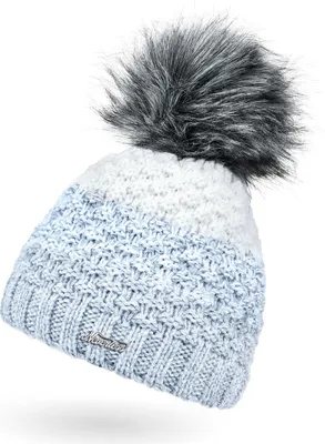 Produktbild von Damen Strick-Mütze gefüttert Fleece-Innenfutter Fell-Bommel Kunstfell Winter-Mütze Bommelmütze Grobstrick mehrfarbig Neverless® hellblau-weiß
