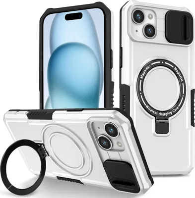 Produktbild von Handyhülle für iPhone 15 /iPhone 14 Kompatibel mit MagSafe, Robuste Hülle mit Schiebe Kamera Schutz, Magnetischer Ringständer Weiß