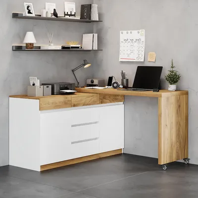 Image de Bureau Merax avec meuble de rangement latéral sur roulettes, plateau de 4 cm d'épaisseur, bureau d'angle avec 6 tiroirs et 2 compartiments de rangement, couleur blanche et finition bois naturel