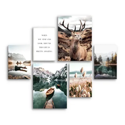 Produktbild von Novart Wandbilder Set Wald Hirsch Natur Berge - KEIN EXTRA RAHMEN BENÖTIGT - Modern Deko - Wohnzimmer Schlafzimmer N013263a