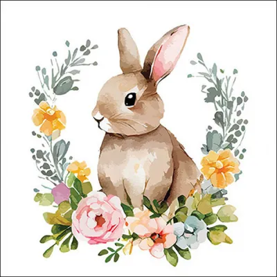 Produktbild von Servietten Papier 33x33cm 3-lag. mit Osterhase & Blumen Motiv 20 Stück