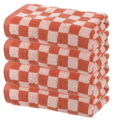 Productafbeelding van Set van 4 katoenen handdoeken, 33x74 cm - Zacht en absorberend, ruitpatroon, rood