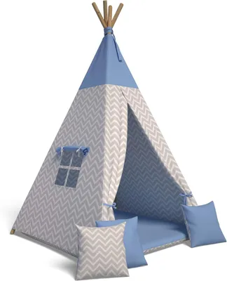 Produktbild von Tipi Zelt für Kinder|Spielzelt Kinder Indoor|Spielzelt mit Weiche Kissen | Langlebig zelt|Kinderfreundlich Tippizelt Indoor (Zickzack Blau)