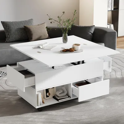 Produktbild von Merax 100x50x52cm Höhenverstellbarer Couchtisch mit 4 Schubladen, Wohnzimmertisch mit LED-Beleuchtung, Beistelltisch mit anhebbarem Tisch, Weiß