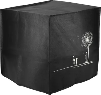 A black protective cover for an air fryer with a white dandelion and couple illustration.