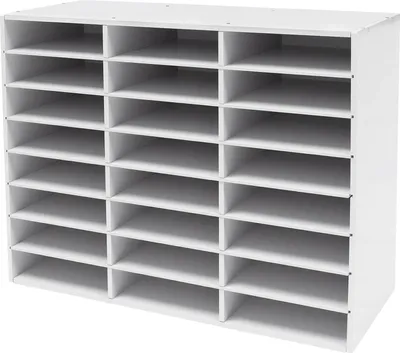Zdjęcie produktu dla Sortownik pocztowy na biurko – organizer na dokumenty – 24 przegródki – 74×30×60 cm – PVC/filc – łatwy montaż – stabilna konstrukcja – bez kółek – biały