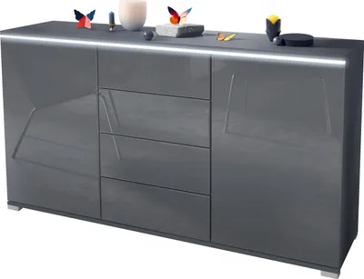 A modern gray sideboard with LED lighting.