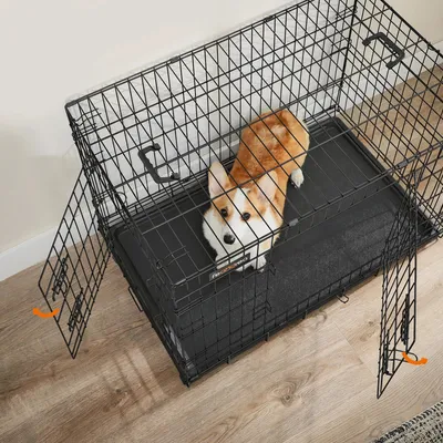 Produktbild von Hundebox/Hundekäfig - Faltbar - 2 Türen - Herausziehbare Kunststoffwanne - 92,5×57,5×64 cm - Schwarz