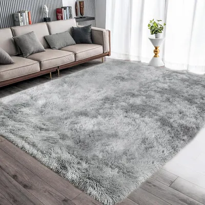 Zdjęcie produktu dla Dywan okrągły, puszysty, z wysokim włosiem, antypoślizgowy, bardzo miękki, 140x200 cm, kolor szary i biały