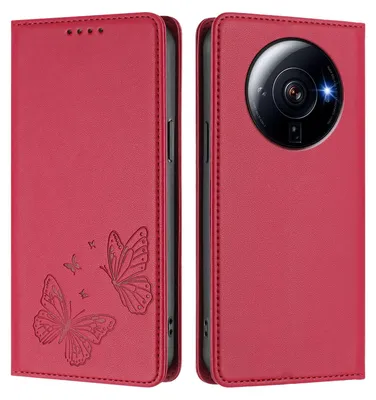 Image de Étui en cuir pour Xiaomi 12S Ultra, motif papillon, étui portefeuille à rabat avec support, rouge