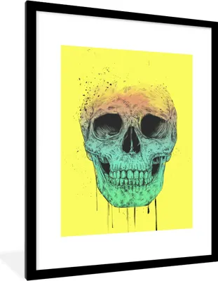 Produktbild von MuchoWow® Gerahmtes Poster Totenkopf - Blau - Gelb - Abstrakt 60x80 cm - Poster mit Schwarzem Bilderrahmen Wandposter Rahmen Foto Bilder - Wohnzimmer - Dekorationen - Prämie