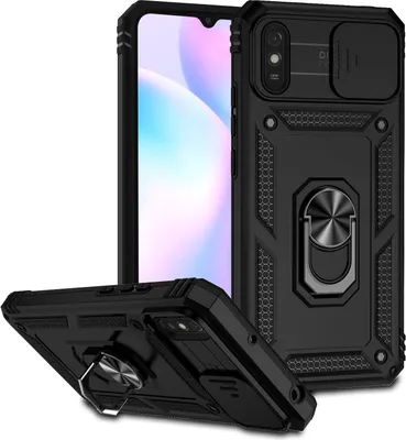 Image de Étui pour Xiaomi Redmi 9A étui double couche avec couvercle coulissant pour appareil photo et anneau de support noir