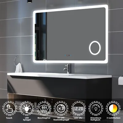 Produktbild von LED Badezimmer Spiegel mit Uhr 3-fache Vergrößerung Beschlagfrei Badspiegel mit Speicherfunktion Warm/Neutral/Kaltweiß Dimmbar CE IP44 140x80cm