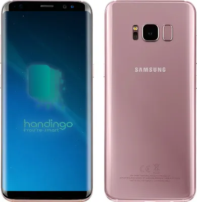 Front and back view of a rose pink Samsung Galaxy S8 smartphone.