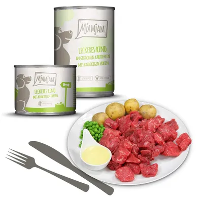 Produktbild von MjAMjAM Nassfutter Hunde Mixpaket II, 6 x 400 g, mit Huhn, Ente, Rind, Pute, Kalb, Lamm, naturbelassen