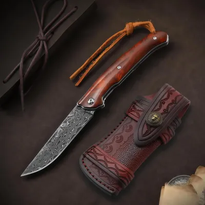Image de Couteau pliant en acier damas VG10, avec manche en bois et étui en cuir, lame de 9 cm, couteau à deux mains