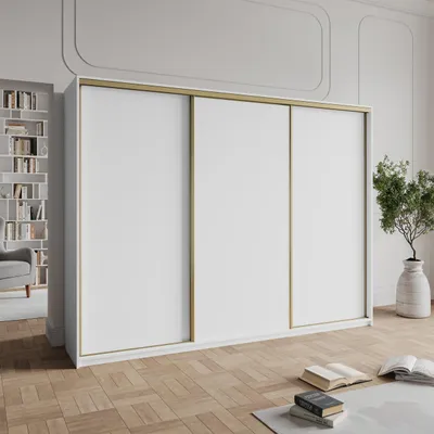 Produktbild von Masseno Schiebetürenschrank NISSE 250/205/60 cm Kleiderschrank mit 4 Schubladen Schlafzimmer Schrank 3-türig Weiß