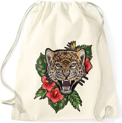 Produktbild von Turnbeutel Tiger Patch Tropical Palmblätter Sommer Stick-Optik Drawstring Gymbag Autiga® natur unisize