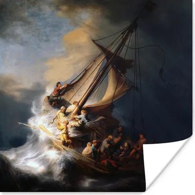 Produktbild von MuchoWow® Poster Der Sturm auf dem See Genezareth - Gemälde von Rembrandt van Rijn 50x50 cm - Wohnzimmerdekoration