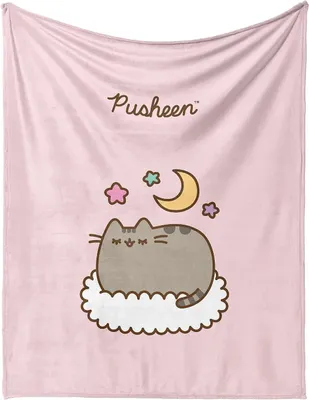 A pink blanket with a cartoon Pusheen cat sleeping on a cloud, surrounded by stars and a moon.