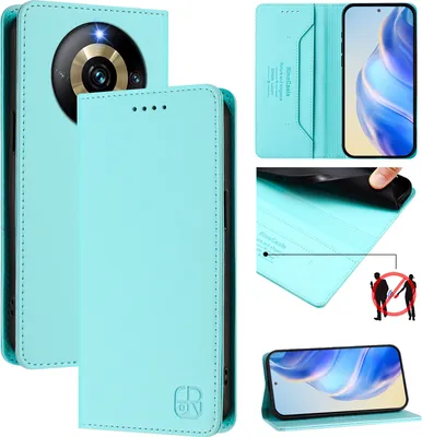 Obrázek produktu pro Kožené pouzdro pro Realme Narzo 60 Pro/Realme 11 Pro/Realme 11 Pro+, flipové pouzdro s přihrádkami na karty, peněženkou a stojánkem Tyrkysový