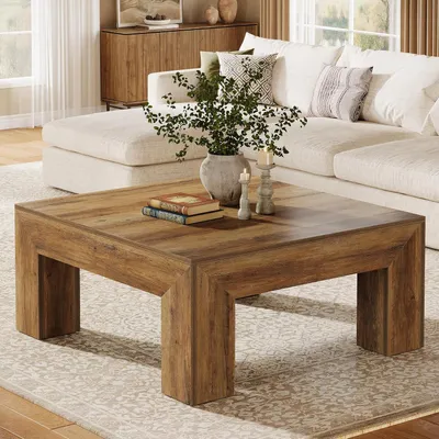 Image de Table basse rustique marron de 100 cm, avec des pieds en bois robustes, idéale pour le salon