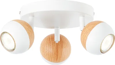 Imagen del producto de Lámpara de techo LED "Spotrondell Scan" blanca/madera, con 3 focos de 3W cada uno, casquillo GU10, 750 lúmenes, luz blanca cálida (3000K), con posibilidad de ajuste direccional