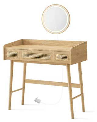 Immagine prodotto di Comò da trucco con specchio e illuminazione, 3 cassetti | Noce beige | 90x43x82 cm