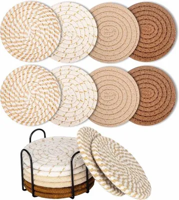 Produktbild von Runde Baumwolluntersetzer - Untersetzer - 8er Set mit Ständer - Geflochten - Hitzeschutz und rutschfest - Ø 11 cm - Für Gläser, Tassen und Tische