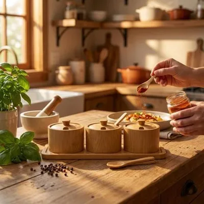 Produktbild von Gewürzbehälter Holz 3er Set Xani mit Dosierlöffel Gewürzdosen für Kräuter Tee