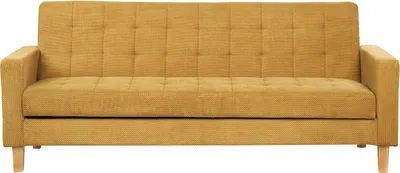 Produktbild von BELIANI 3-Sitzer Sofa Senfgelb Stoffbezug Gesteppt mit Schlaffunktion Helle Holzbeine Schmale Armlehnen Retro-Design Wohnzimmer Schlafsofa Sofabett