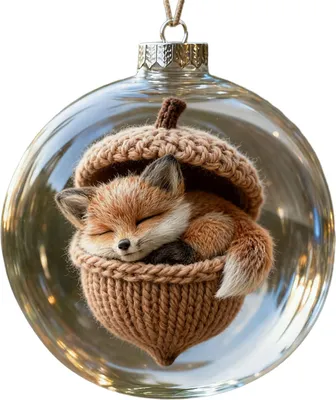 Produktbild von Weihnachtsbaumkugel mit Eichelmotiv und Waldtiermotiv, aus Kunststoff, zum Aufhängen, für den Weihnachtsbaum.