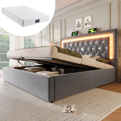 Produktbild von STILVORA Polsterbett 160x200cm Mit Matratze Einzelbett mit LED-Diamantband im Kopfteil, USB & Type-C Ladestation, hydraulischem Jugendbett mit Stauraum, modernes Jugendbett mit Lattenrost, Grau