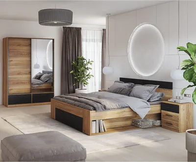 Produktbild von Schlafzimmer Komplett-Set mit Schwebetürenschrank und Bett 180x200 cm, Eiche mit schwarz, 4-teilig - BIRMINGHAM-83