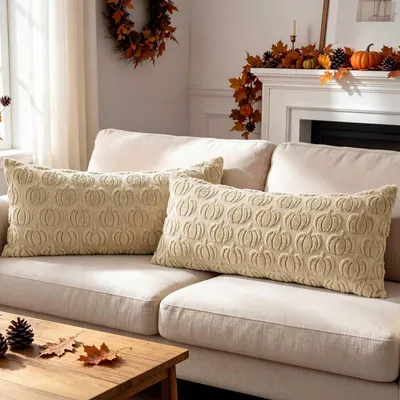 Productafbeelding van Kussensloop, herfstmotief, 40x80 cm, pluche pompoen, decoratieve kussens, 2 stuks, beige