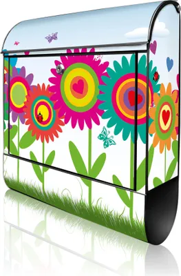 Produktbild von banjado Design Briefkasten Stahl schwarz mit Zeitungsfach pulverbeschichtet "Bunte Blumen" 38x46x12,5cm & 2 Schlüssel - Postkasten A4 Einwurf inkl. Montagematerial [BKSCH 10227]