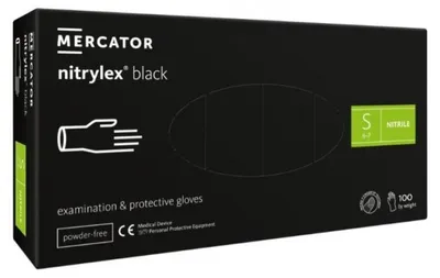 Obrázek produktu pro Nitrilové rukavice Mercator Nitrylex, černé, 100 kusů, velikost S, jednorázové ochranné rukavice