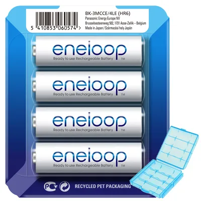 Image de Piles Panasonic eneloop Mignon AA NiMH dans un nouvel étui de rangement et dans la boîte bleue AccuCell