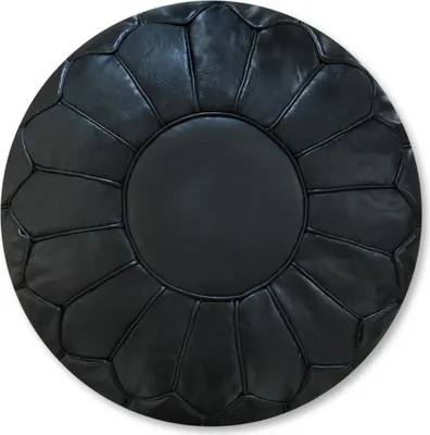 A black leather pouf on a white background.