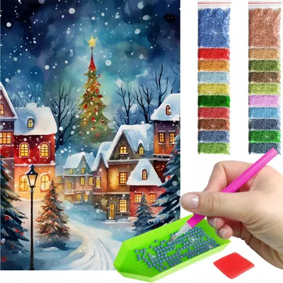 Produktbild von ARTULIO Diamond Painting Set - Verschneite Stadt mit Weihnachtsbaum - 60 x 40 cm - Groß XXL - Diamant Painting, Komplettset: Mosaik + Zubehör