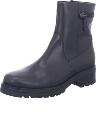 A black leather boot is shown against a white background.