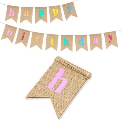 Image de Guirlande d'anniversaire, bannière en jute et lin, style vintage, avec 13 fanions, longueur 3,5 mètres