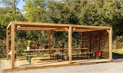 Image de Pergola Thermauvent - Bois thermochauffé - Ventelles mobiles sur le toit et 1 paroi - 3,41 x 6,14 m