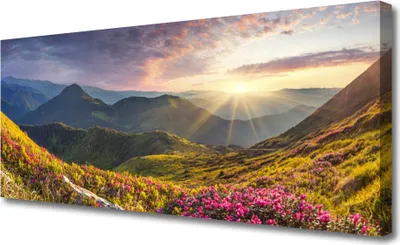 Produktbild von Tulup Leinwand-Bilder 125x50 Wandbild Canvas Kunstdruck Gebirge Wiese Sonne Landschaft